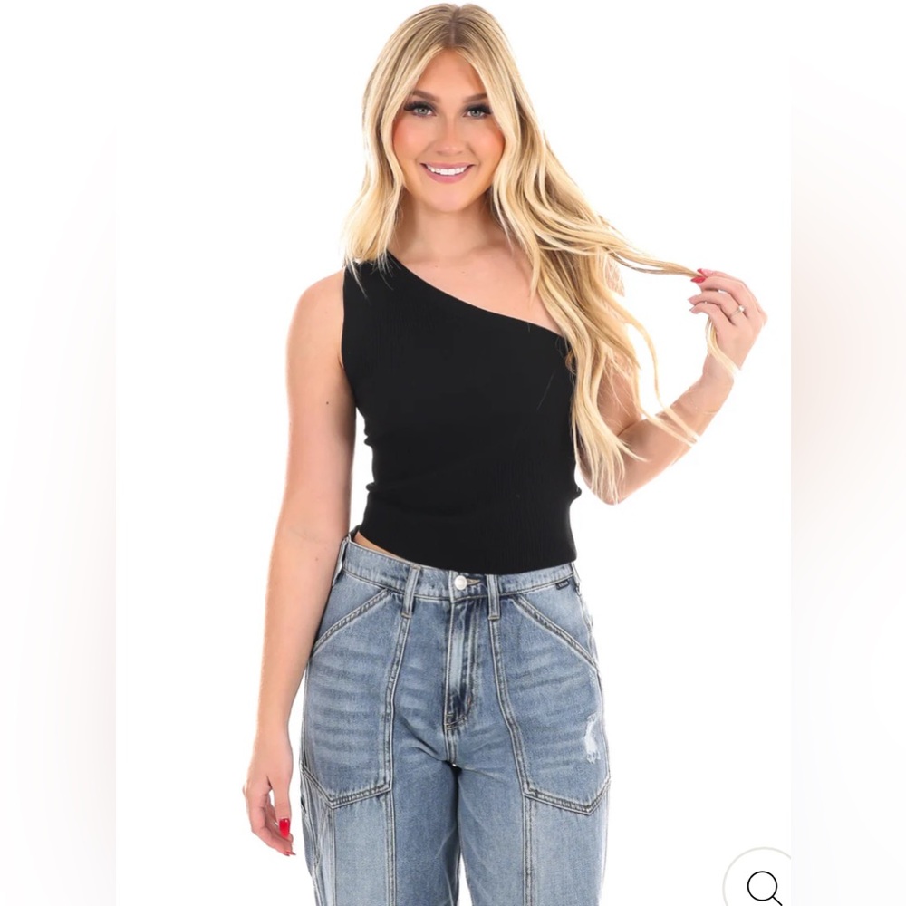 NWT Free People Good Taste One Shoulder Ribbed Tank top in Black - Picture 3 of 5